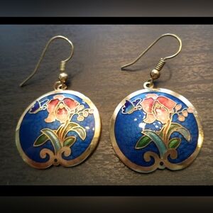 STUNNING VINTAGE ESTATE CLOISSONE ENAMELED FLOWER 1 3/4" EARRINGS